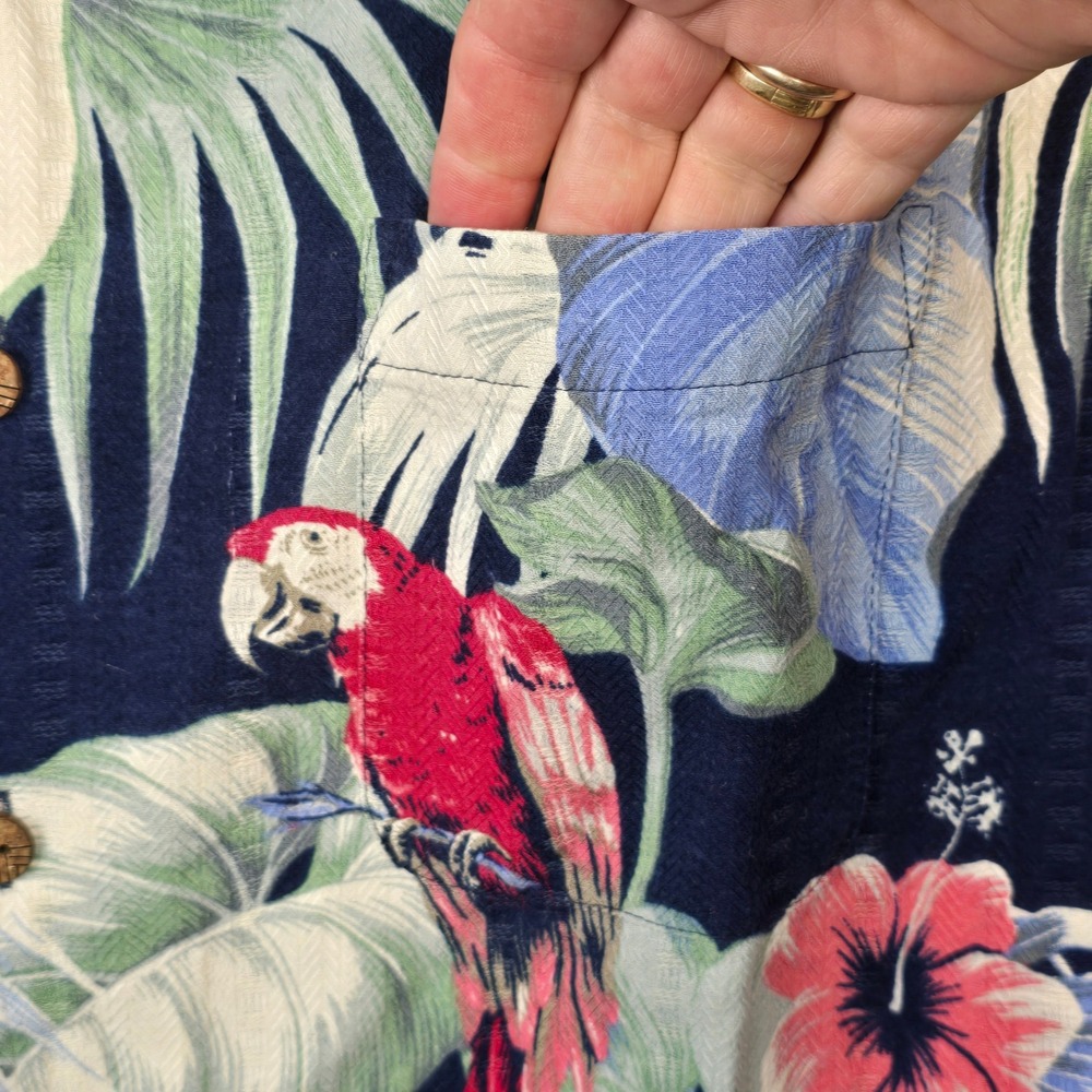 Caribbean Silk Blend Mens XL Navy Parrot Hibiscus Tropical Floral Camp Shirt - Picture 5 of 13